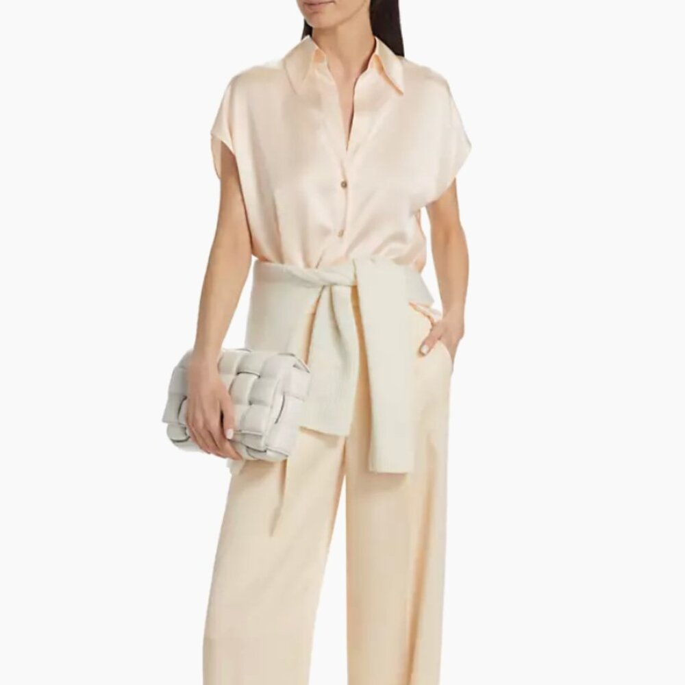Vince Tan Sleeveless Button Down Shirt with Notched Collar